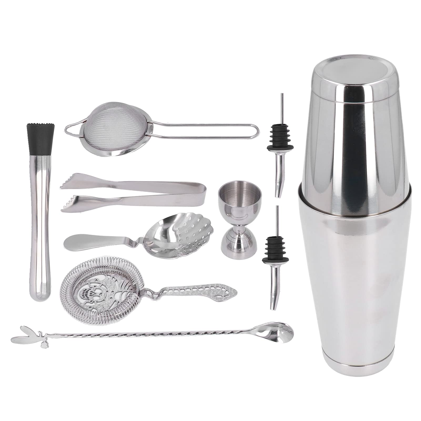 Cocoarm Juego de Coctelera de Acero Inoxidable, 11 Piezas, Herramientas de Barra 304 con Taza Medidora, Colador, Cuchara y Pinzas para Uso en el Hogar, Bar, Fiesta, Hotel (SILVER)