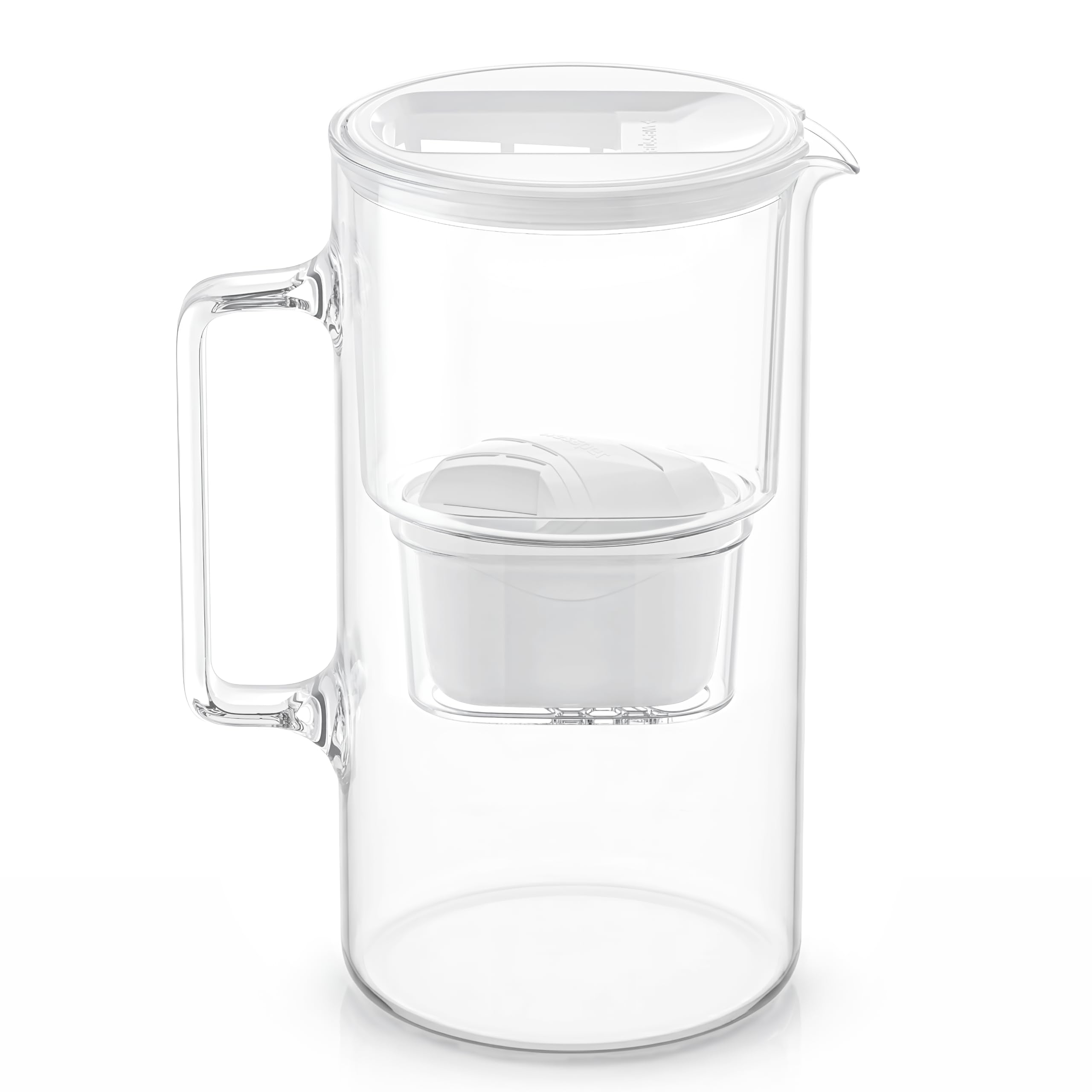 Wessper Carafe filtrante en verre 3 l compatible avec les cartouches filtrantes Brita - Avec 1 cartouche filtrante - Réduit le calcaire et le chlore - Blanc