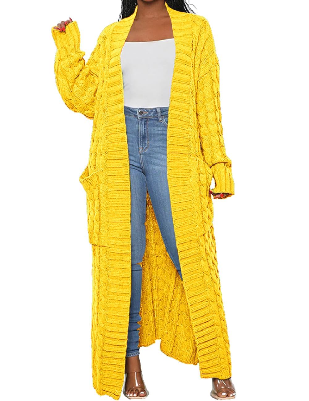 Womens Thin Stylish Cable Knit Dual Extra Long Maxi Cardigan with 2-Pockets