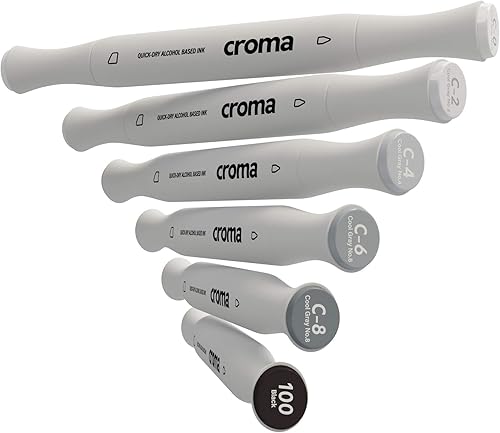 Croma Brush - Marcadores de boceto a base de alcohol de doble punta, juego insignia de 6 piesgrispastel, puntas ergonómicas reemplazables, sin olor,