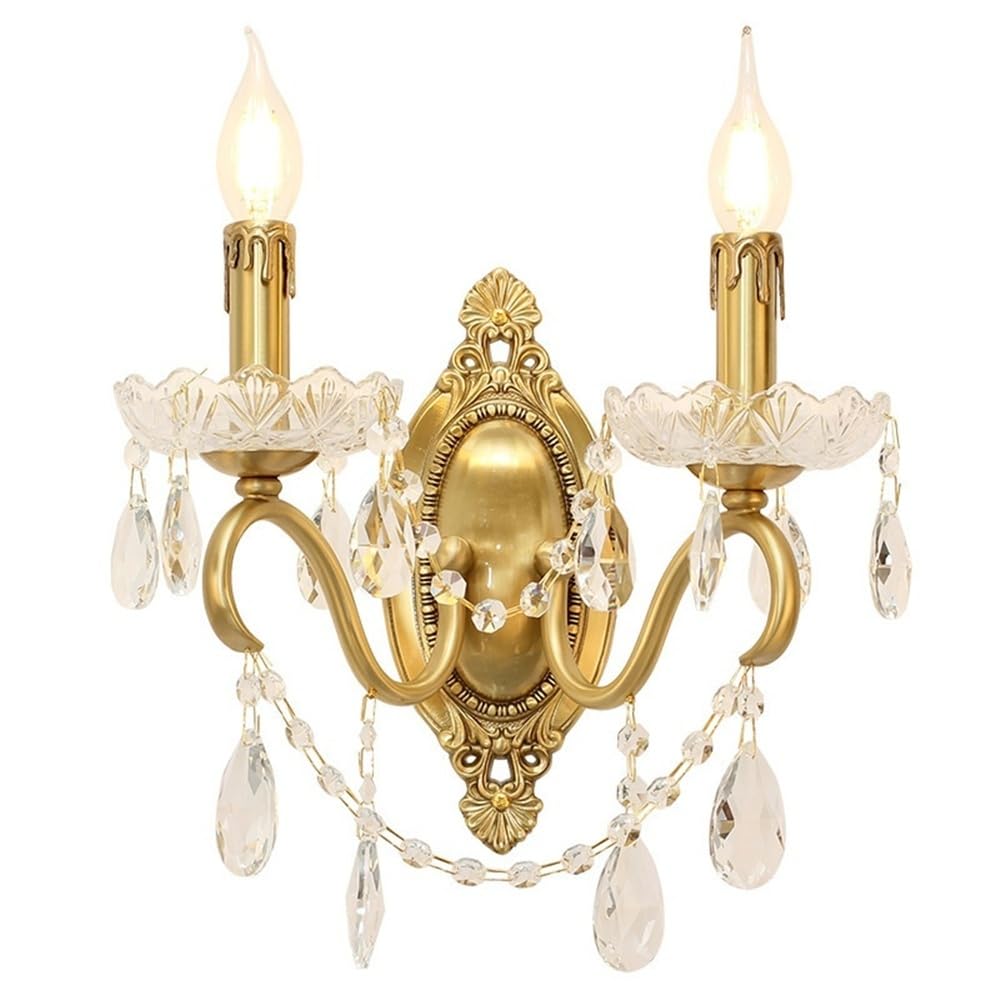 LYOUAE French Country Brass Wall Sconce Retro Candle Crystal Wall Light Vanity Light