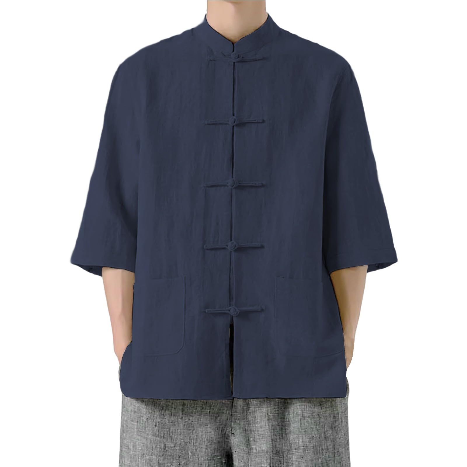 Chemise légère homme col montant coton lin manches courtes boutons grenouille style zen - 7