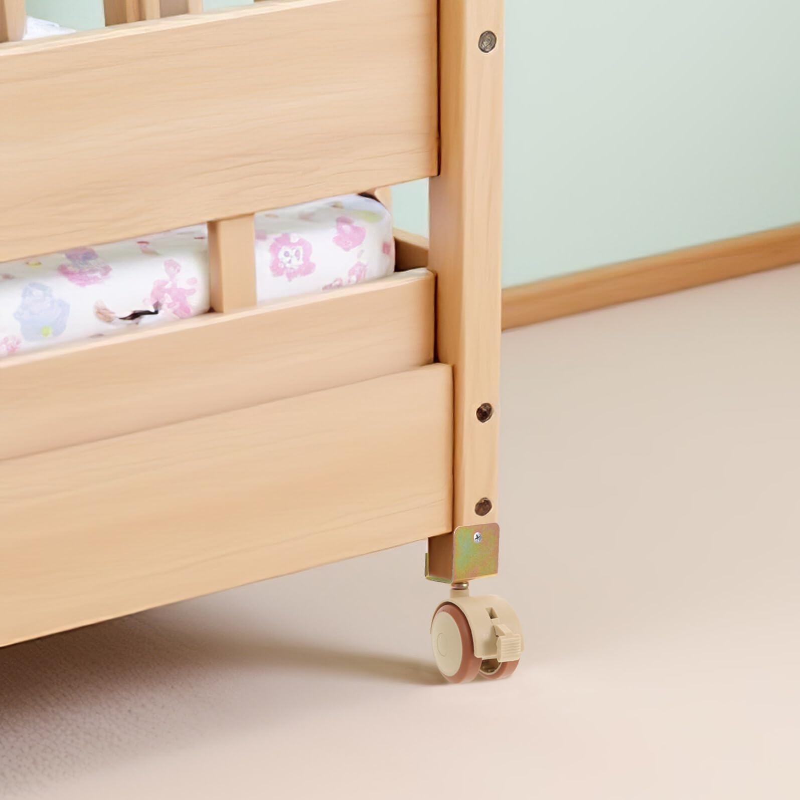 4 Pièces Lot de 4 Roulettes Pivotantes avec Frein en Plastique Silencieux pour Berceau, Roues Lisses en PU Respectueuses des Sols, Mini Roulettes Universelles pour Lits Bébé,