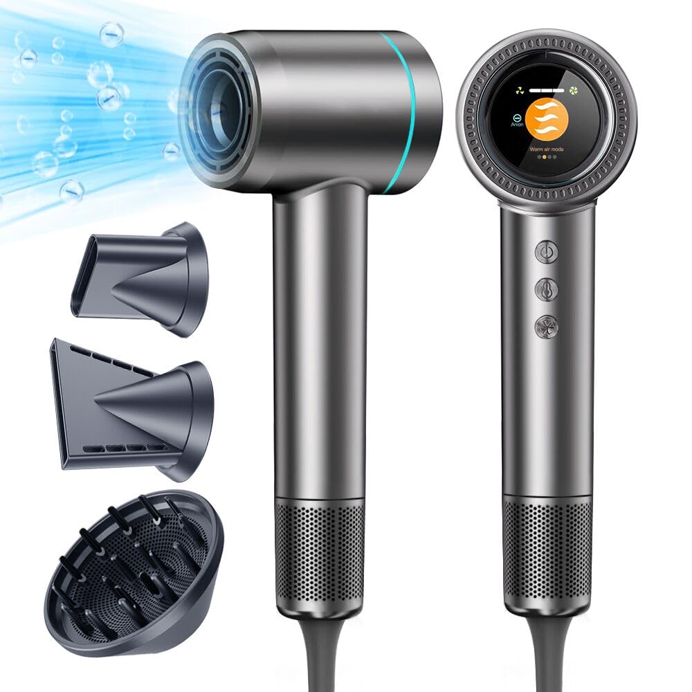 Professional Hair Dryer 150,000 RPM High-Speed - Negative Ionic Technology for Fast Drying & Frizz Control, HD Digital Display, 4 Heat & 3 Speed Settings, Magnetic Nozzle & Diffuser