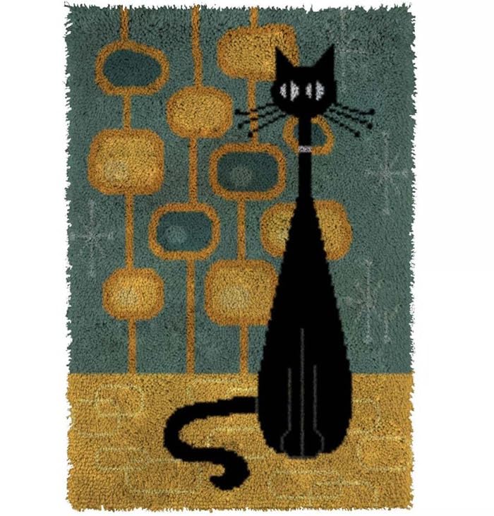 Image of GLAECYY Latch Hook Kits Rug Crochet Yarn Kit Cushion Colour Pre-Printed Canvas Rug Needlework DIY Hook and Latch Kit (Black Cat)