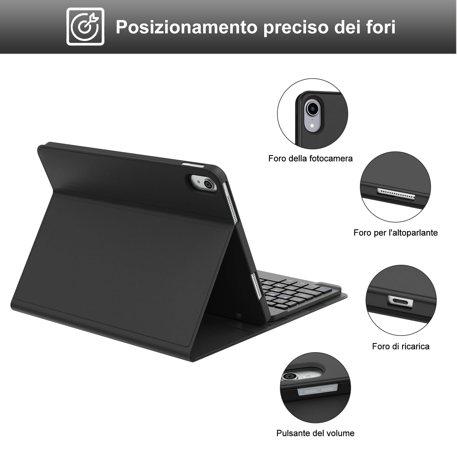 Cover con Tastiera per iPad 11 Gen 2025/10 Gen 2022, Italiano QWERTY, Senza Fili Staccabile Custodia con Portapenna, Nero