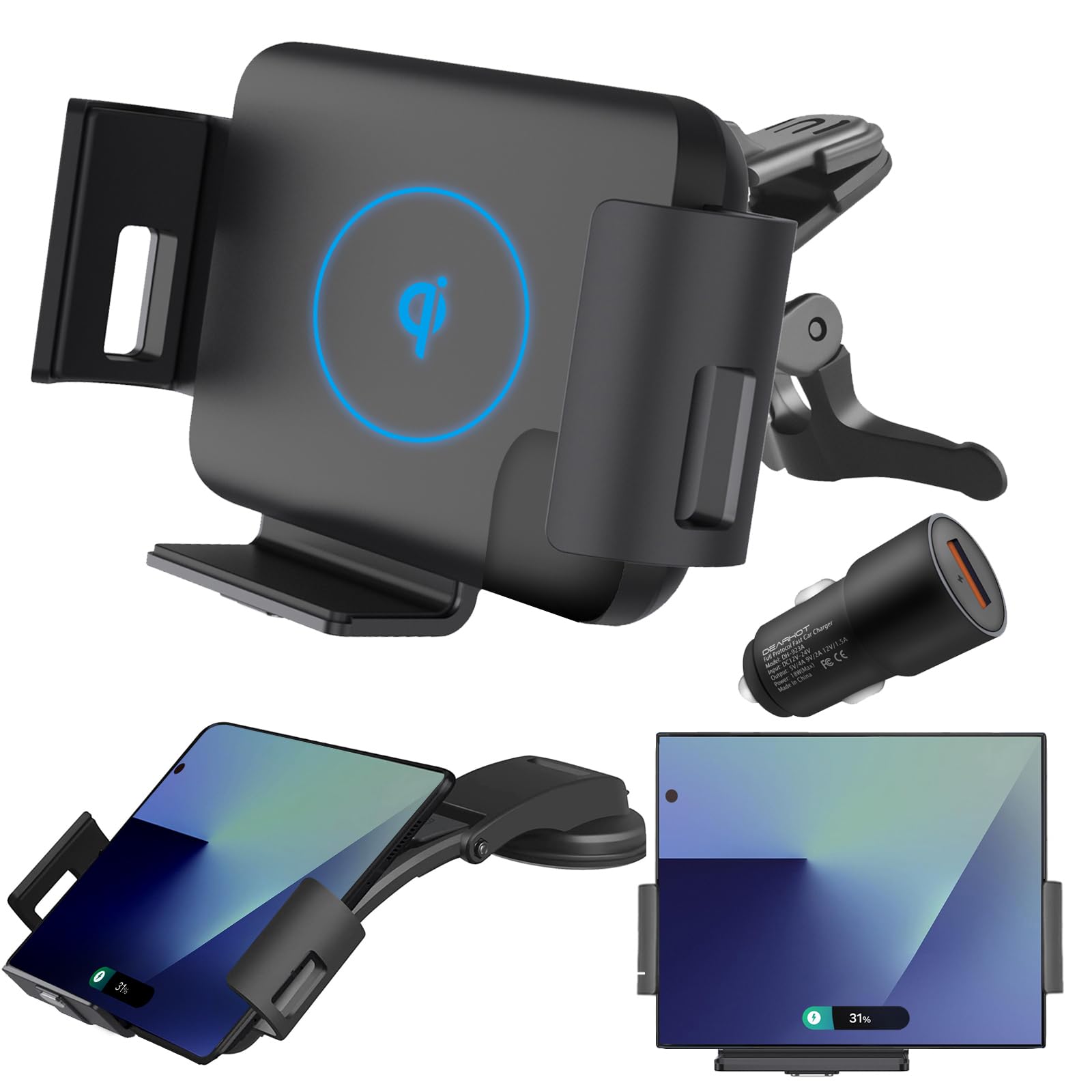 15W Qi Wireless Car Charger Mount Holder Compatible for Samsung Galaxy Z Fold7 Fold6 Fold5 Fold4 Fold3 Fold2 Fold 4.3in-6.9in Phone Auto Clamp Fast Charger