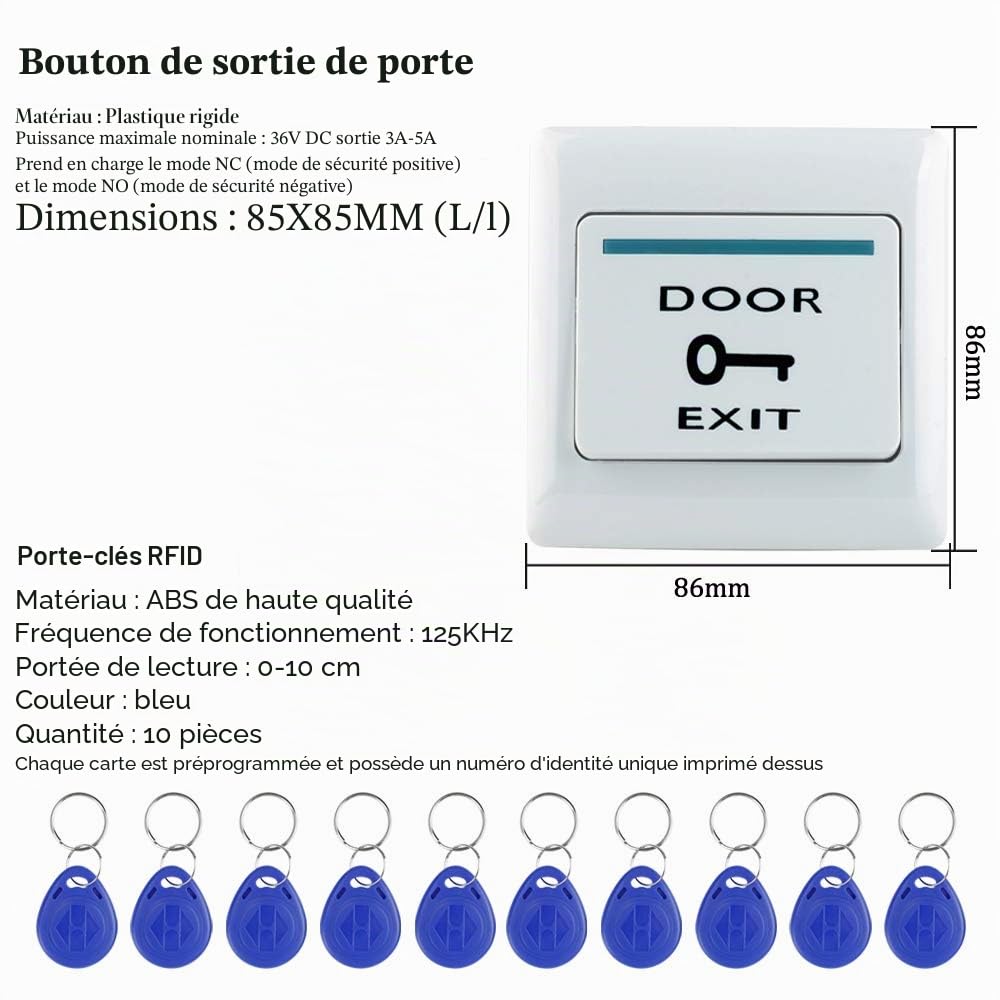 Kit Système Contrôle d'accès de Porte Boîtier Métallique Clavier RFID 125KHz + Contrôleur d'alimentation DC12V 3A + Bouton de Sortie de Porte + 10 pcs Porte-clés (sans Serrure)