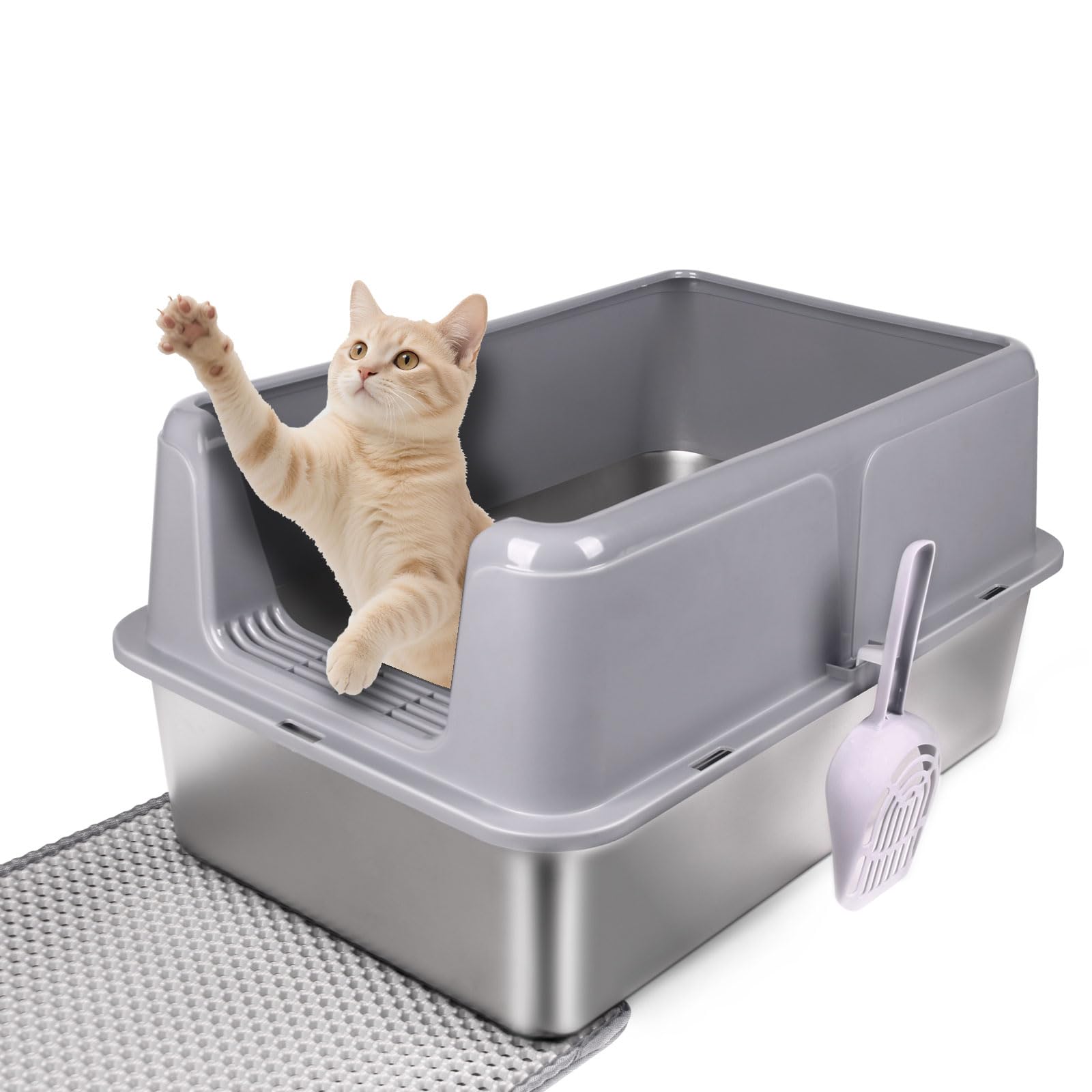 Stainless Steel Cat Litter Box - XL Enclosed High-Sided Pan for Big Cats - Non-Stick Odor Resistant - Easy to Clean with Scoop & Mat
