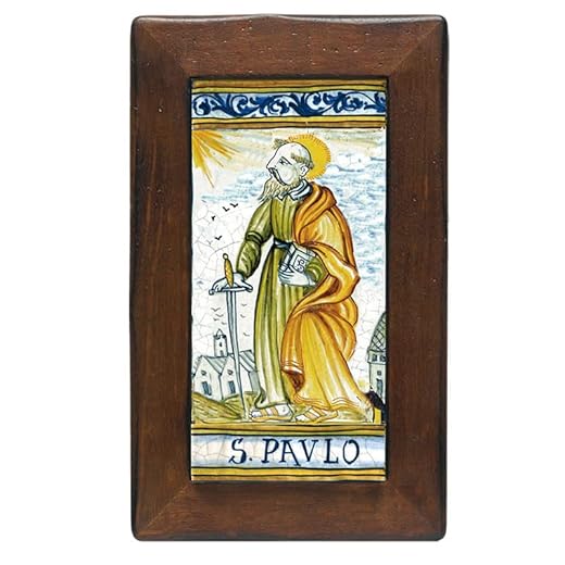 Keramikplattor med träram som visar Saint Paul – mått: 9,9 x 19,8 cm. Tillverkad i Italien.