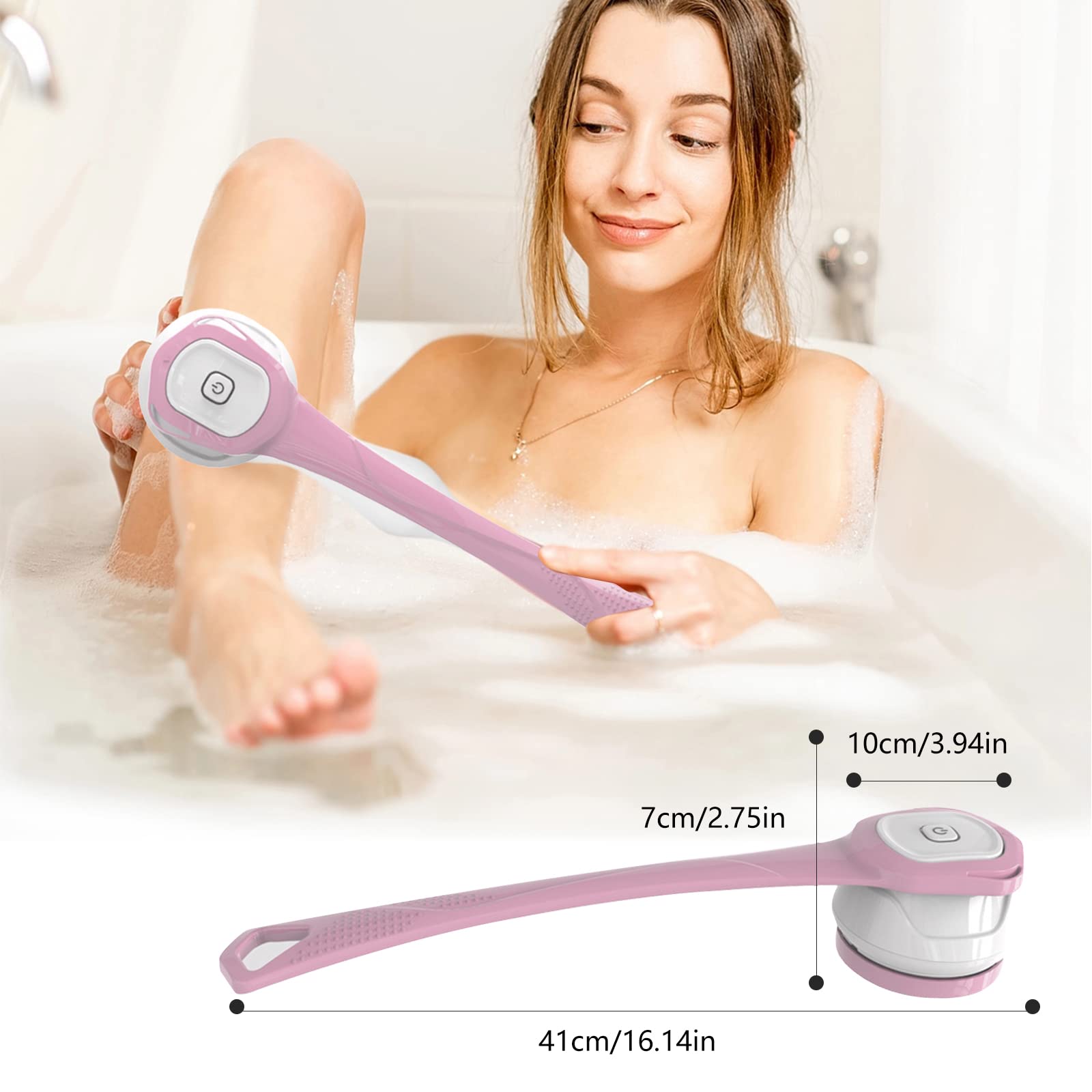 Cepillo Eléctrico para el Cuerpo,kit de Cepillo de Limpieza Corporal con 6 Cabezales de Cepillo,Cepillo de Ducha Recargable con Mango Largo,Baño Cepillo para Masaje Exfoliante Depurador (Rosa)