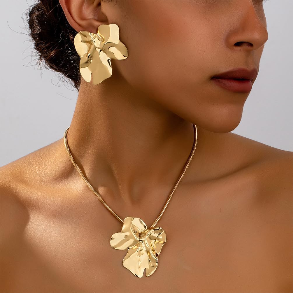 Chunky Big Gold Earrings Statement Choker Necklace Jewelry Set for Women, Charm Large Irregular Geometry Pendant Bold Stud Party Prom Accessories Gift - Image 3