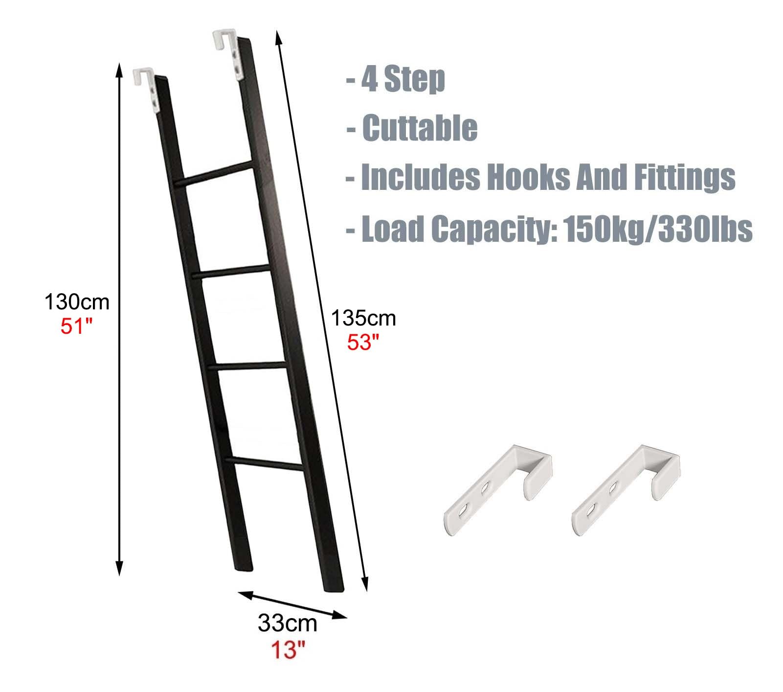 Bettleiter, Weißes Etagenbett/Über-Doppelbett, nur Vorderseite, Wohnmobil-Loft mit Haken und Fußpolster, Kurze Treppe (145 cm/57 Zoll)