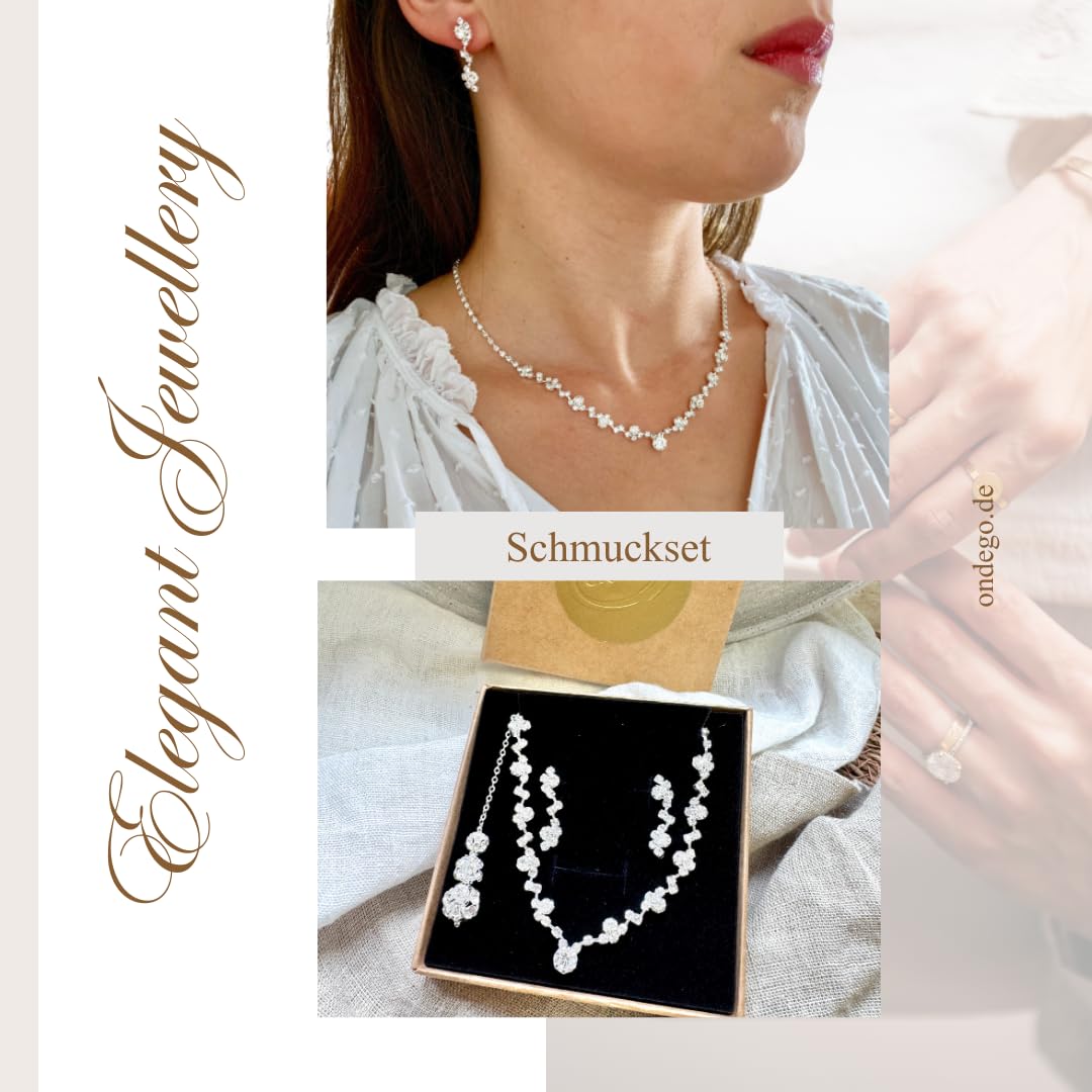 Brautschmuck Set Silber, Halskette 38-48cm, Rückenkette 23cm, Armband 18,5cm, Ohrringe 2,5cm mit Strass