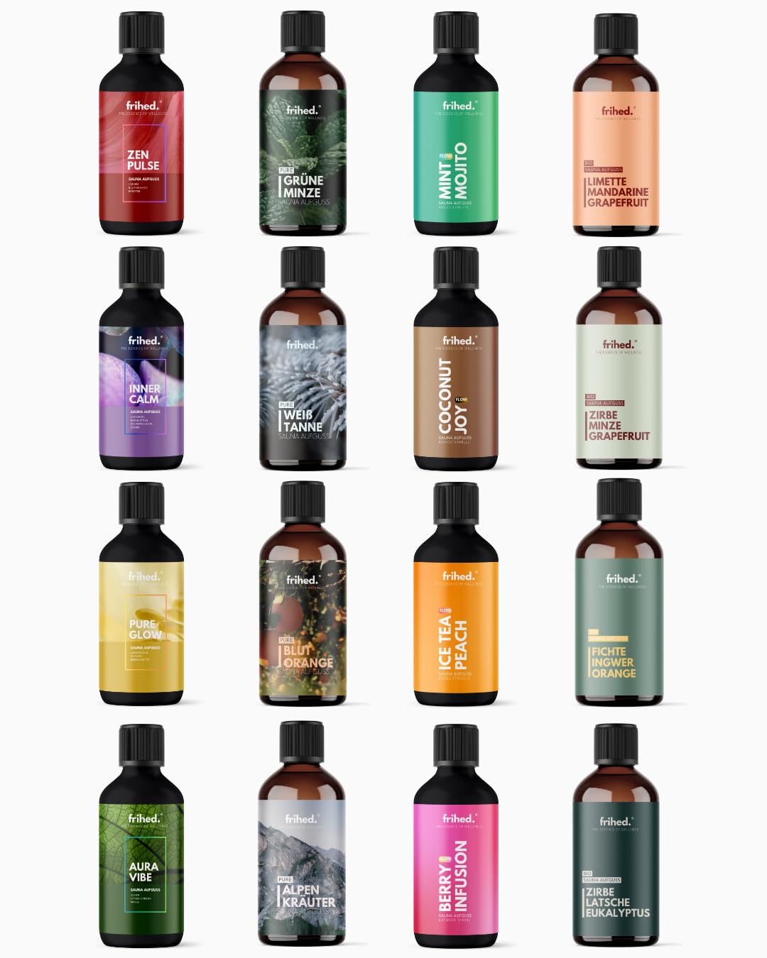 frihed.® Saunaaufguss 16er Master Set - Hochkonzentrierte Öle - 16x verschiedene Düfte - Geschenkset Sauna - 16x 100ml Glasflaschen - Made in Lüneburg