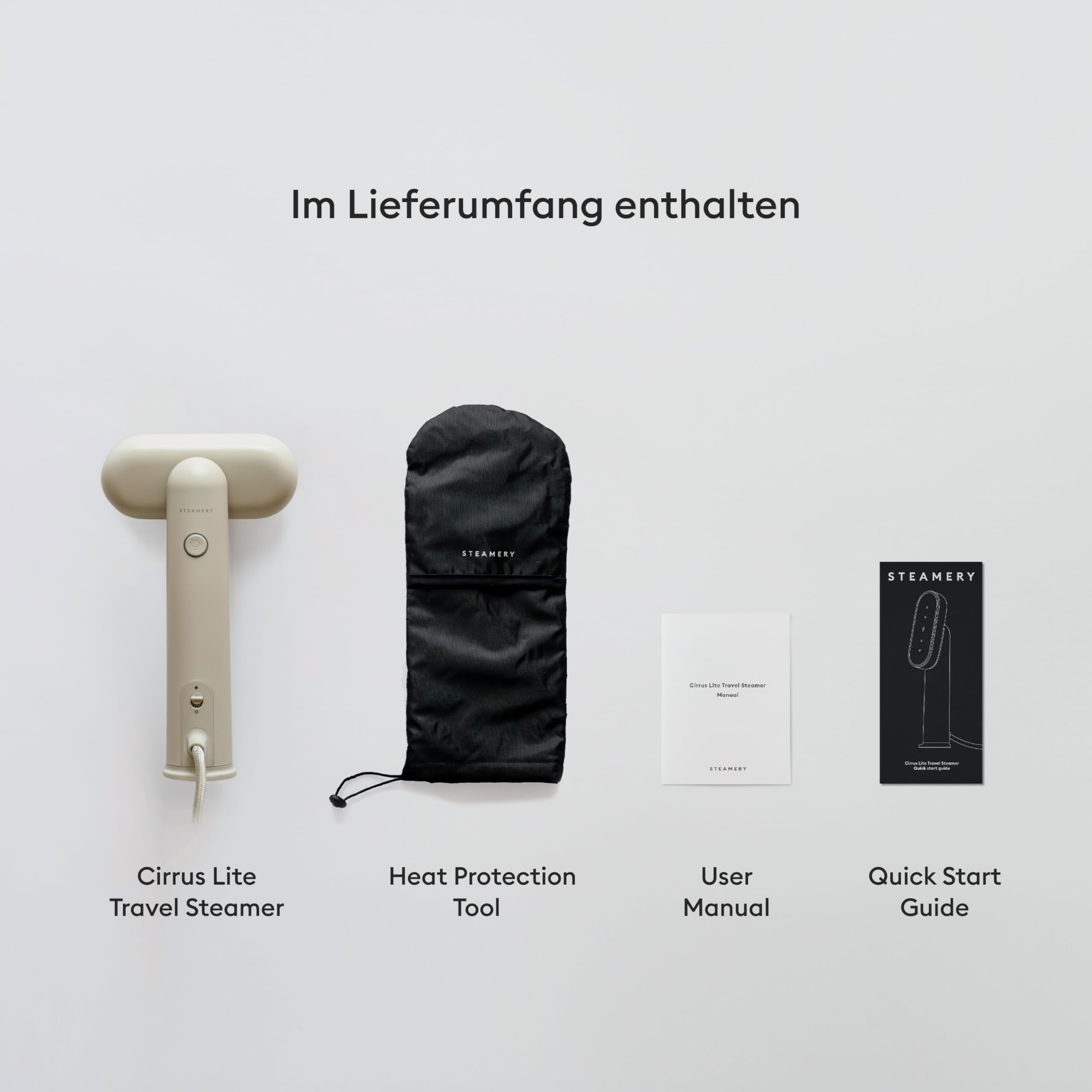 Steamery Travel Steamer Cirrus Lite, 1200 W, Dampfleistung 16 g/Min, Aufheizzeit 18 Sekunden, tragbar & kompakt, drehbarer Steam-Kopf, Dry Steam-Technologie, beheizte Frontplatte, Sand
