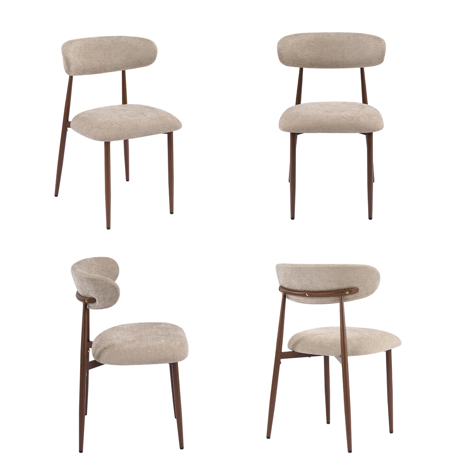 Lot de 4 Chaises de Salle à Manger, Chaises de Cuisine en Tissu Chenille, Fauteuil Salon Rembourrée avec Cadre en Métal en Noyer pour Salle à Manger Salon Cuisine Terrasse, Camel