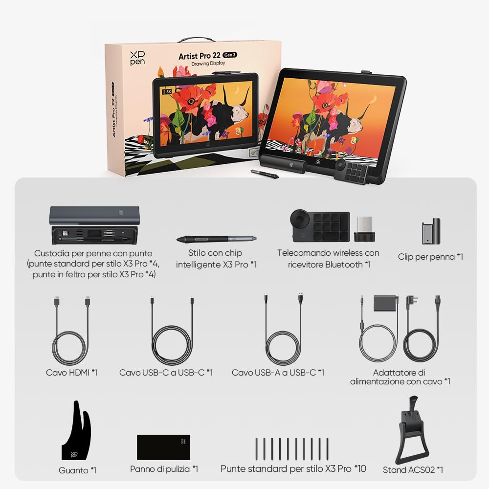 XPPen Artist 22 Pro (Gen 2) Tablet grafico QHD 2.5K, schermo da disegno 21,5 pollici Adobe RGB 99% sensibilità penna 16K