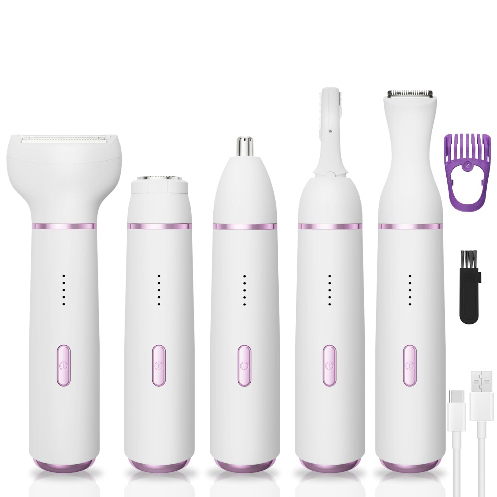 Maquinilla de afeitar eléctrica 5 en 1 para mujer, recortadora de bikini húmeda y seca y removedor de vello facial, maquinillas de afeitar de cejas, recortadora de vello de nariz, kit de depilación