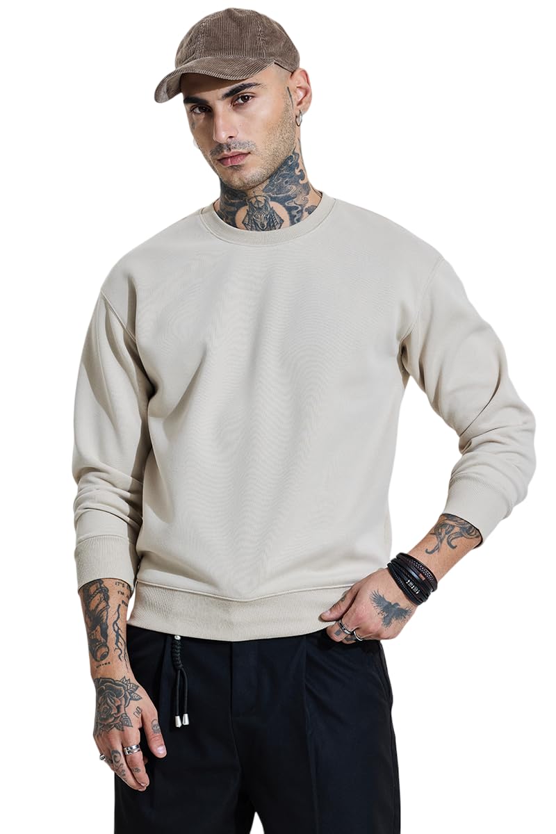 SNITCH Men's Sweatshirt | Relaxed Fit Crew Neck with Ribbed Detailing | Cotton Blend Fabric for Casual & Street Wear | Durable & Minimalist Design in neutral