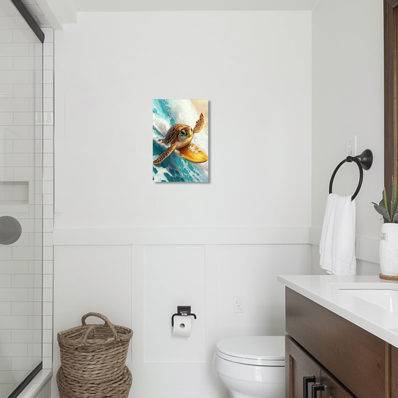 ZQQART Sea Turtles Bathroom Decor Teal Turtle Surfing Canvas Prints Coastal Picture Turquoise Ocean Theme Animal Painting Wall Decor (12" x 18")