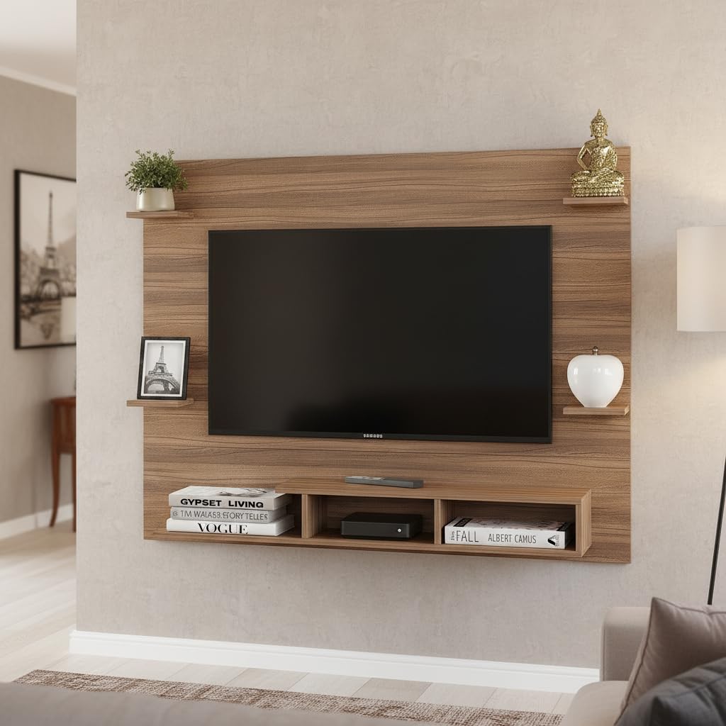 Burlyworth HRS Wall Mount TV Unit Entertainment Center Wooden Floating TV Cabinet Shelf with Storage & Display Rack Engineered Wood TV Stand for Living Room for 43″ Tv (Exotic Teak) Burlyworth HRS Wall Mount TV Unit Entertainment Center Wooden Floating TV Cabinet Shelf with Storage & Display Rack Engineered Wood TV Stand for Living Room for 43″ Tv (Exotic Teak)