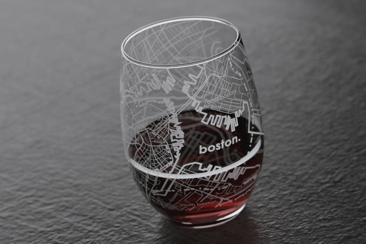 Well Told Engraved Boston Massachusetts Map Stemless Glass (15 oz, Clear) City Map Wine Glass, Custom Gift for Wine Lovers