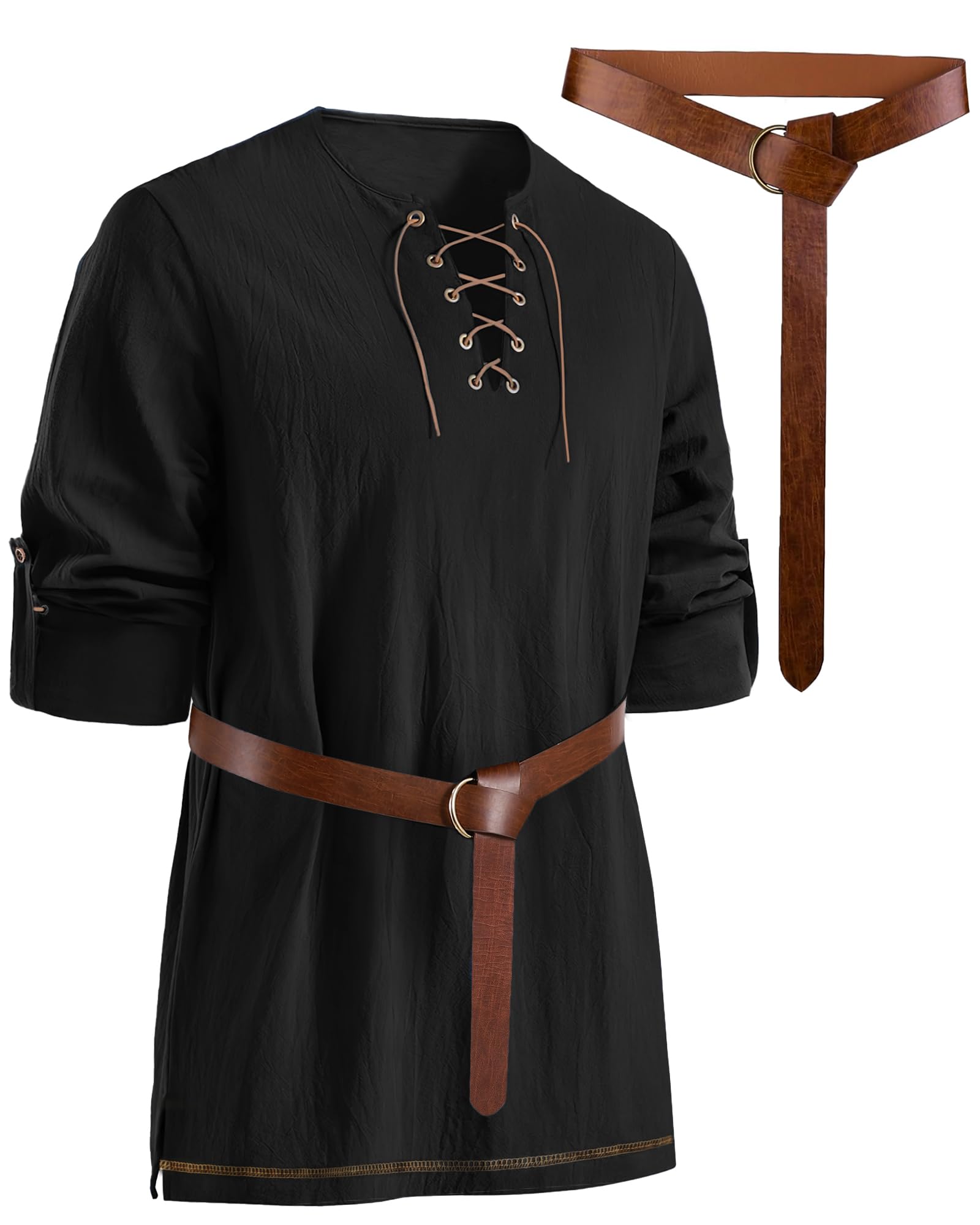 Mens Pirate Shirt Cotton Linen Long Sleeve Lace Up Renaissance Shirt Medieval Costume Men with Belt for Halloween