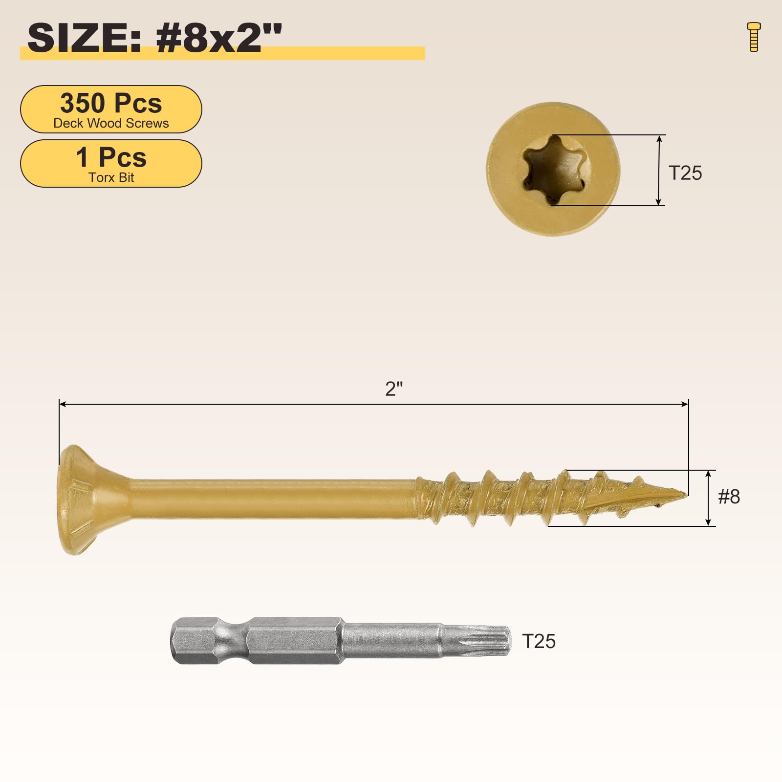 METALLIXITY Deck Screws (#8x2") 350Pcs, Carbon Steel Wood Screw Decking Screws Epoxy Coated with T25 Torx Drive Head - Image 2