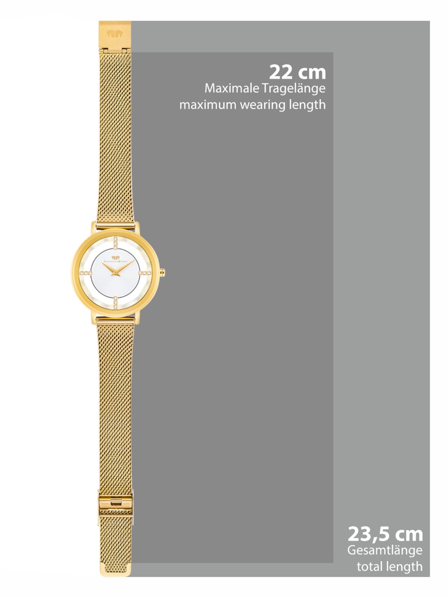Rhodenwald & Söhne Lucrezia Damen Uhr Edelstahl Gelbgold 3 ATM Quarzwerk | Milanaise-Armband,verzier mit Kristallen,Mineralglas,analog,weißes Zifferblatt,Armbanduhr,Fashionuhr,Skeletonoptik,10010419