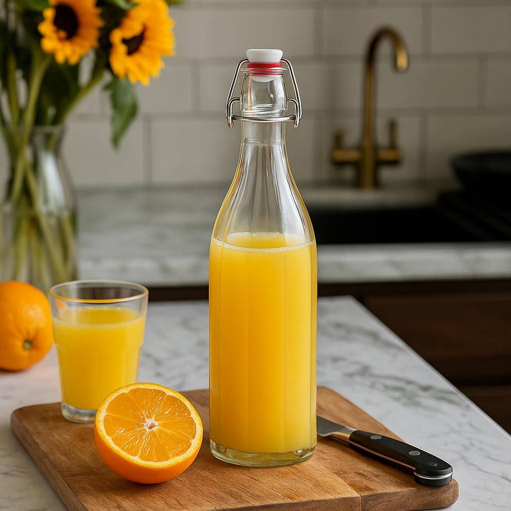 12 edle Glasflaschen 1000 ml mit Bügelverschluss, einzigartiges Design, luftdichte Bügelflaschen für Limonade, Saft, Likör, Wasser, Öl zu Hause oder in Cafés und Bars | Made in Germany