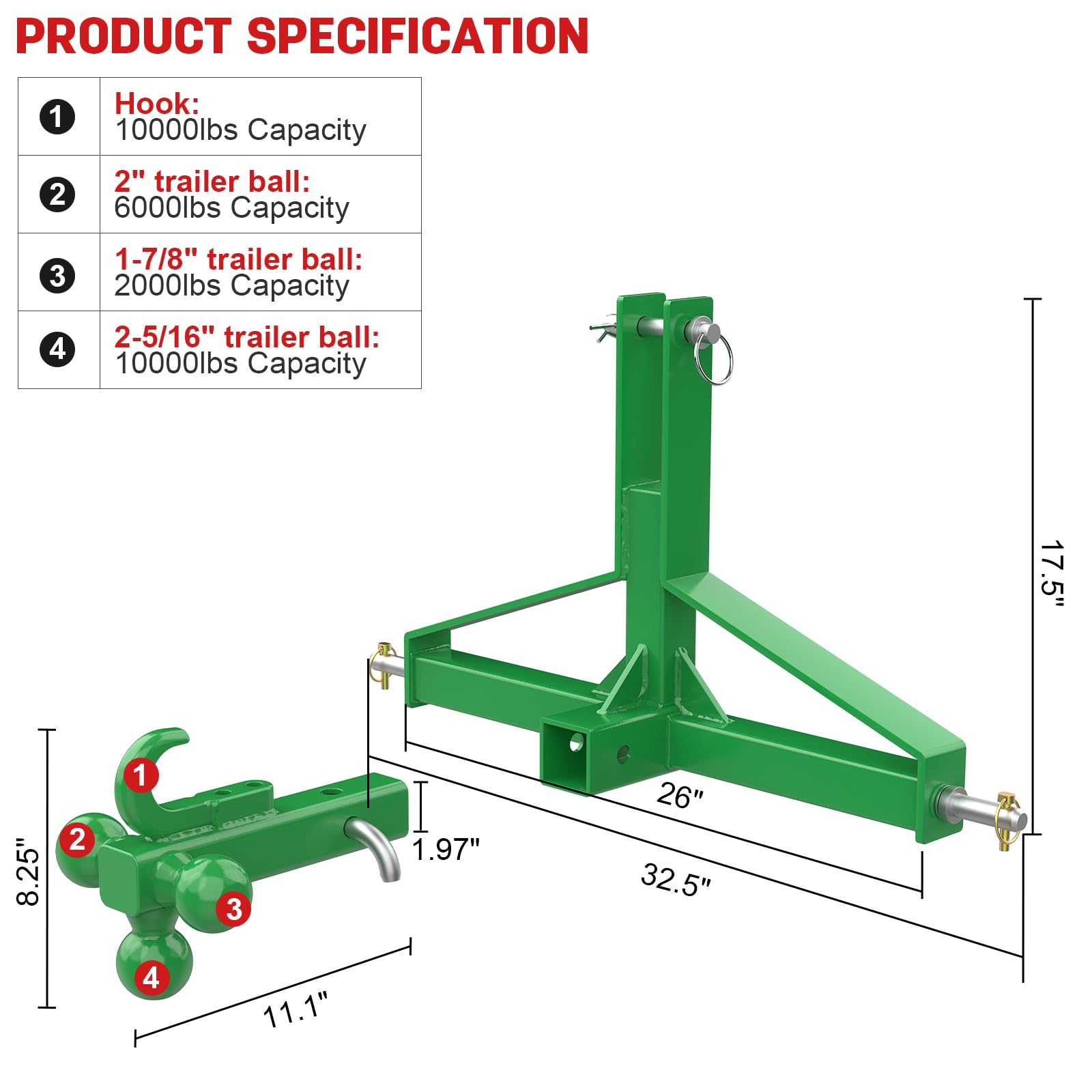 Enganche de remolque verde de 3 puntos con receptor de 5,1 cm y enganche de bola de remolque con gancho, enganche de barra de enganche de tractor, enganche rápido de 3 puntos para equipos