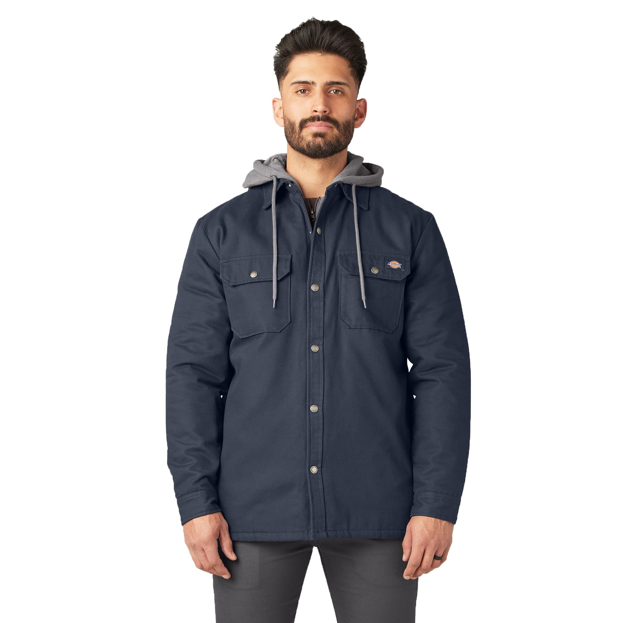 Dickies Men's Fleece Hooded Duck Shirt Jacket with Hydroshield Work Utility Outerwear, Dark Navy, L