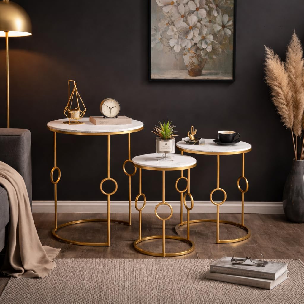 Brown Art SHOPPEE Set of 3 Modern End Table Coffee Table Living Room Bedroom Sofa Corner, Modern Minimalist Small Round Table Nesting Table (Gold & White)-image-3