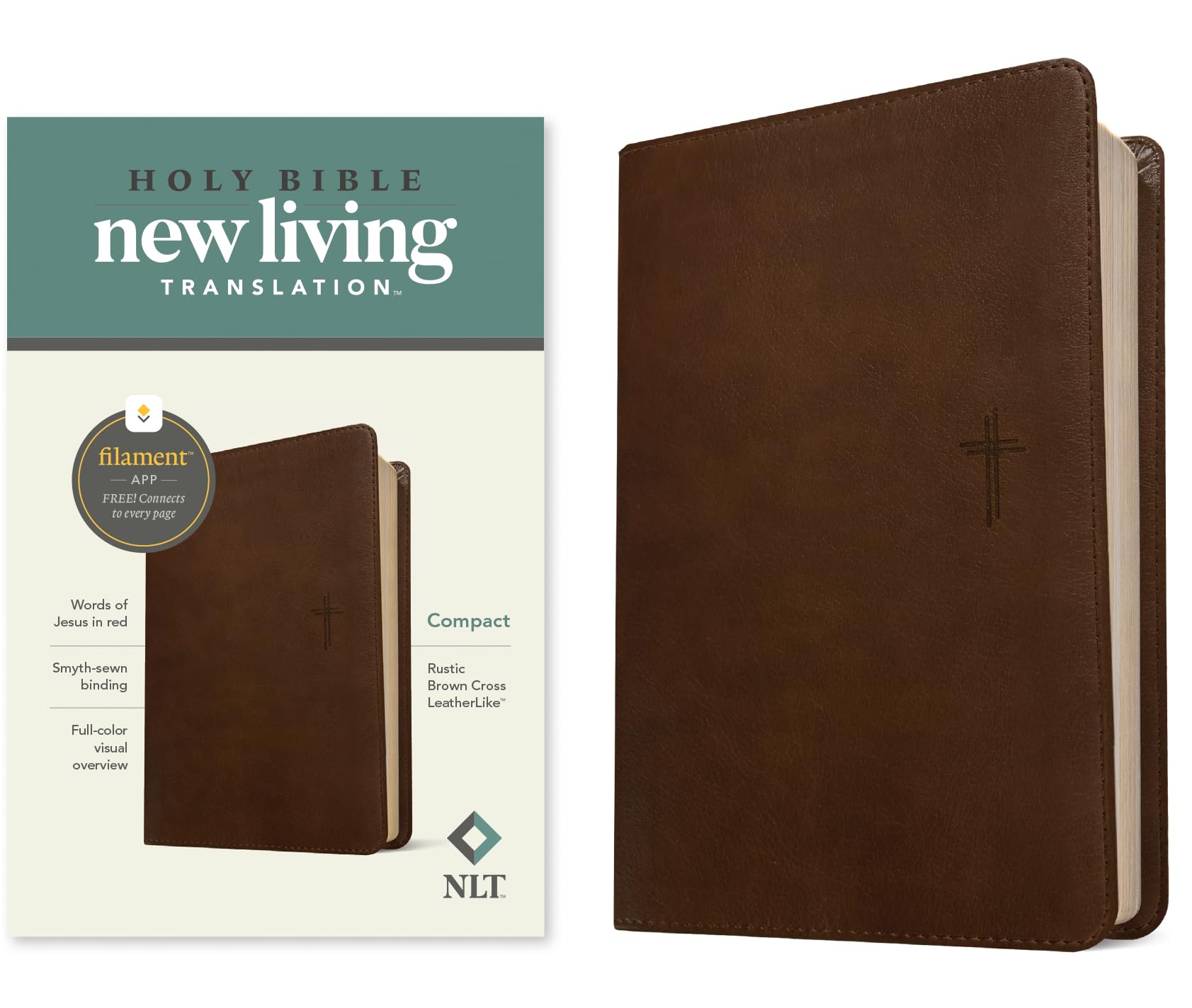 NLT Compact Bible, Filament Enabled (LeatherLike, Rustic Brown Cross, Red Letter)