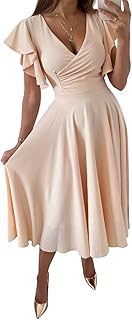 Women's Warp V Neck Ruffle Short Sleeve A Line Swing Flared Cocktail Party Midi Dress - Buy now