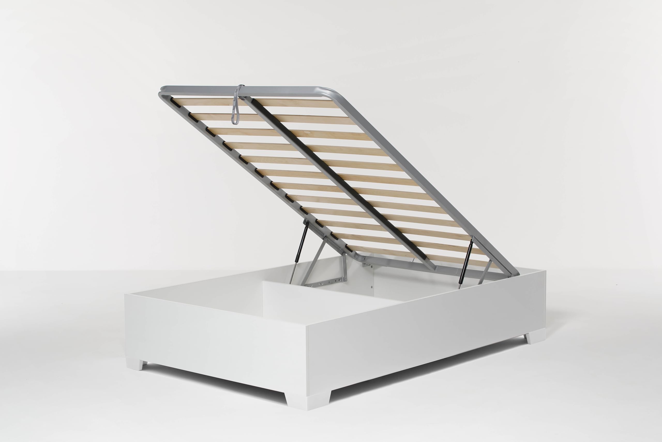 Letto Contenitore Bed Box da una piazza e mezza 120x190 cm, Bianco, con piedini, con Rete a Doghe e Sistema di Sollevamento