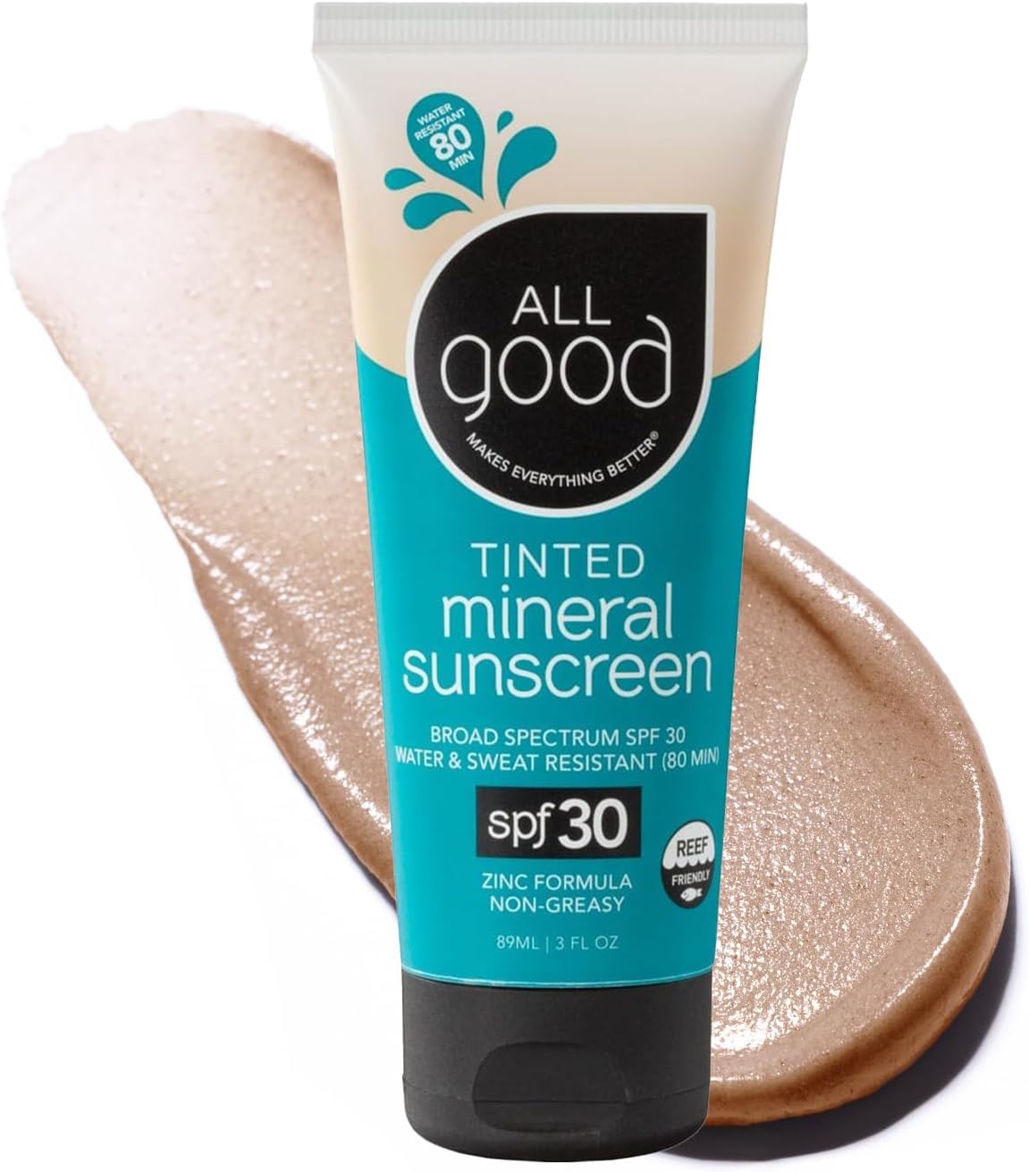 All Good Tinted Mineral Sport Sunscreen Lotion for Face & Body - UVA/UVB Broad Spectrum, SPF 30, Coral Reef Friendly, Water Resistant, Coconut Oil, Jojoba Oil, Shea Butter, Aloe (3 oz)