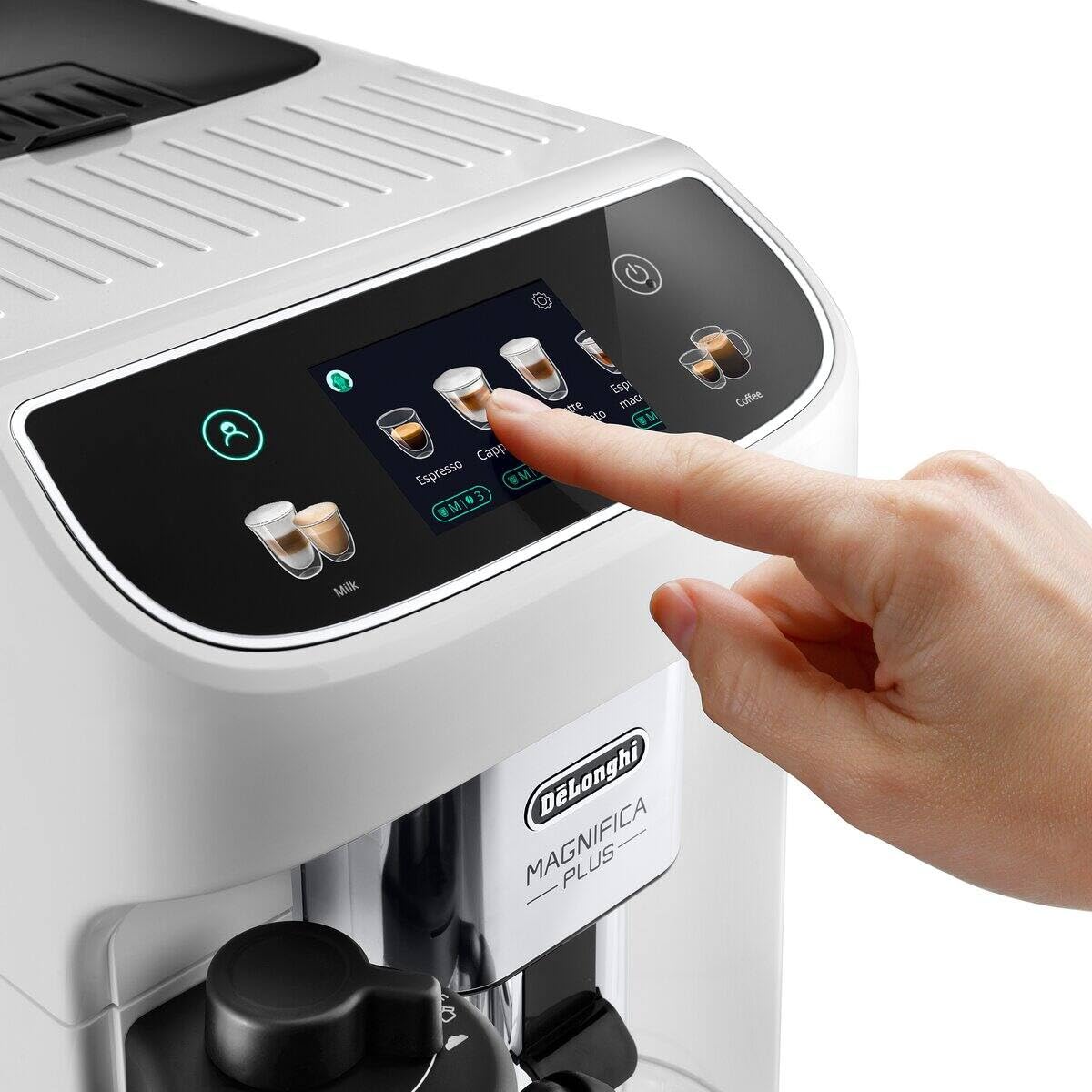 De'Longhi Magnifica Plus ECAM320.60.W, Macchina Caffè Automatica, Sistema LatteCrema Hot per Cappuccino Automatico, 4 Ricette, Display Colorato Soft Touch, Funzione Extra Shot, Funzione x2, Bianca