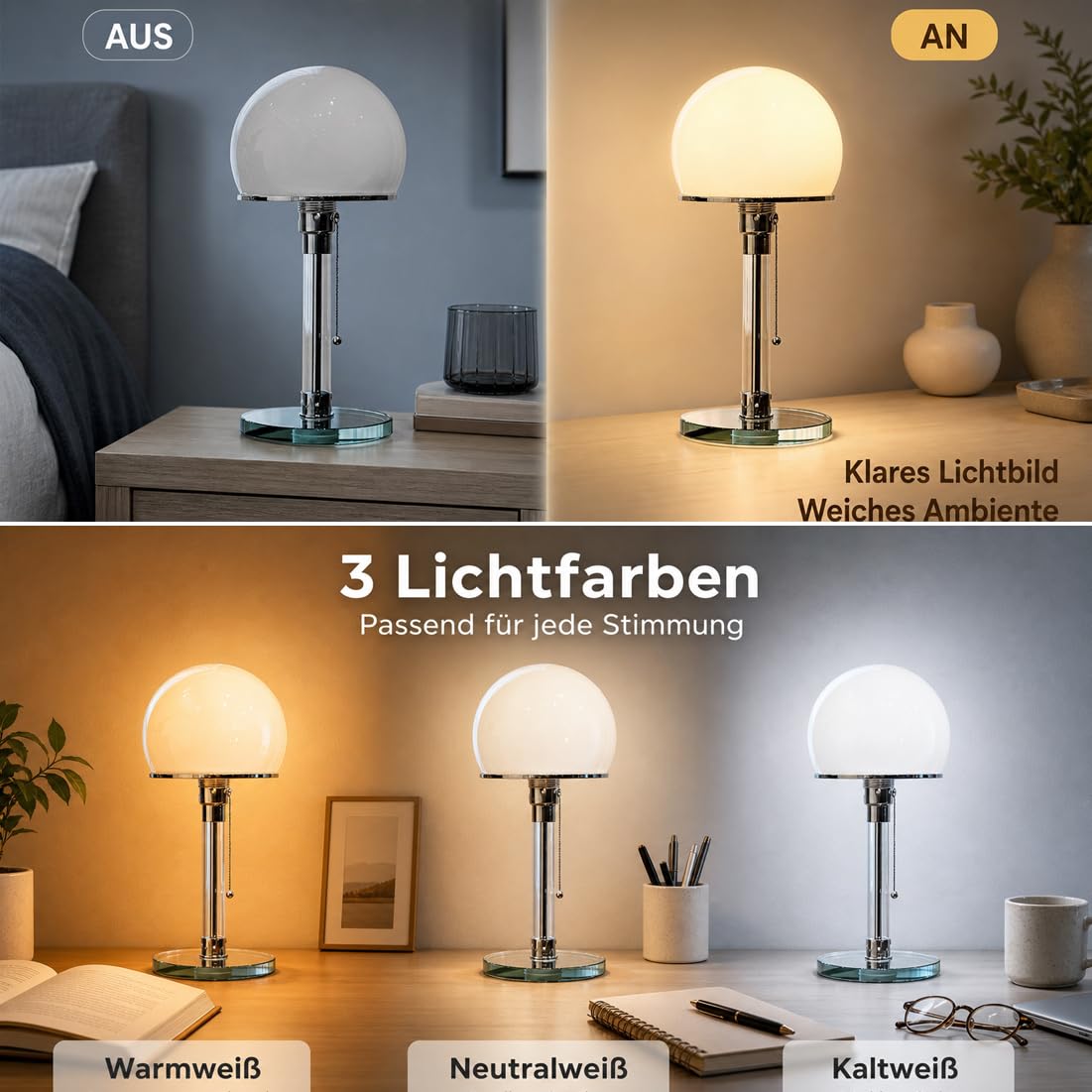 Pilzlampen Tischlampe,Moderne LED Pilz Lampe Snachttischlampe mit Schalter,3000K/4500K/6000K Kinder Schreibtisch Leselampe,Tisch Deko Beleuchtung Mushroom Lamp für Schlafzimmer,Silber
