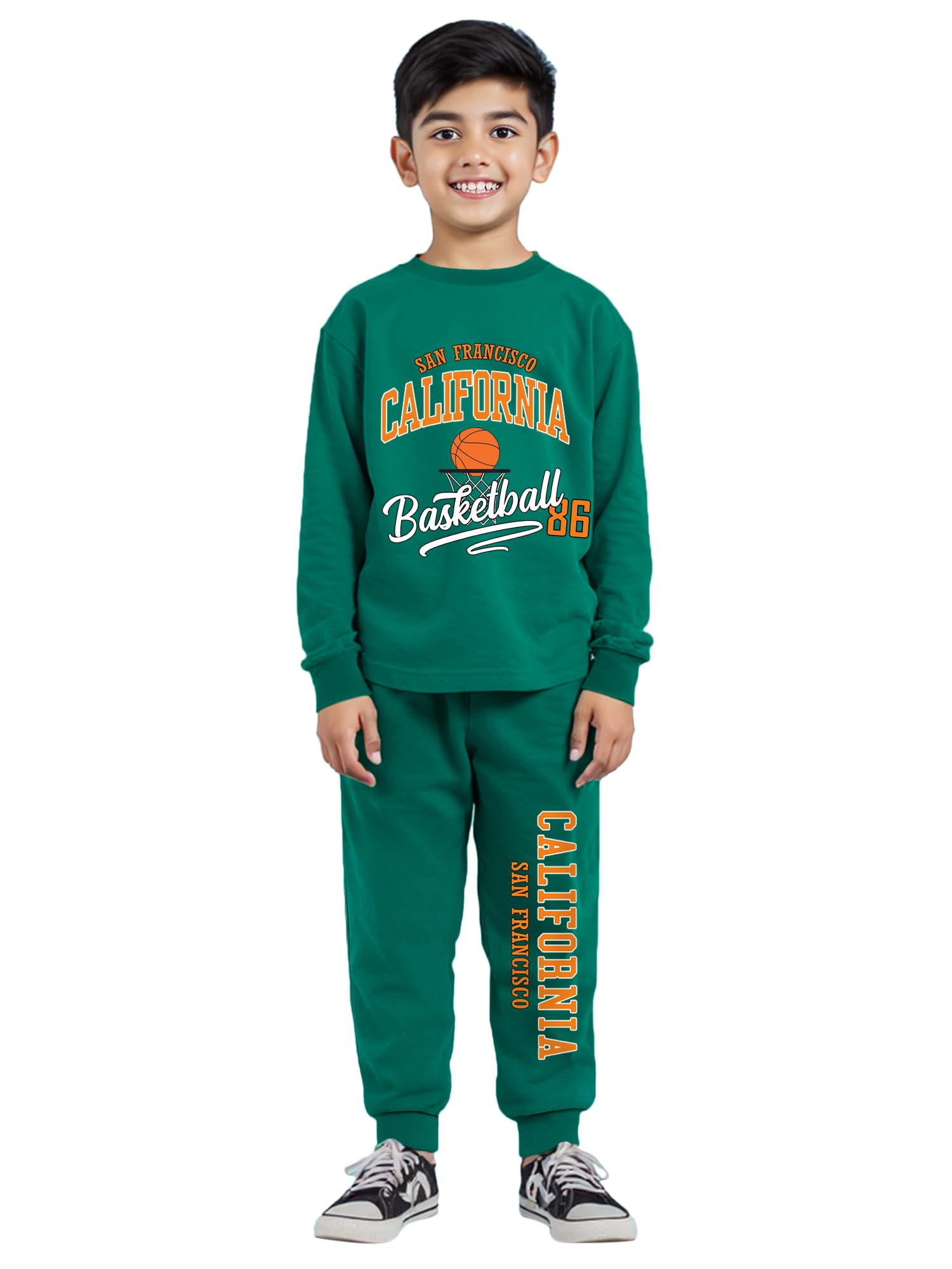 Trampoline Boys California Basketball Printed T-Shirt & Trackpant Set – Green | Trendy Sportswear Outfit