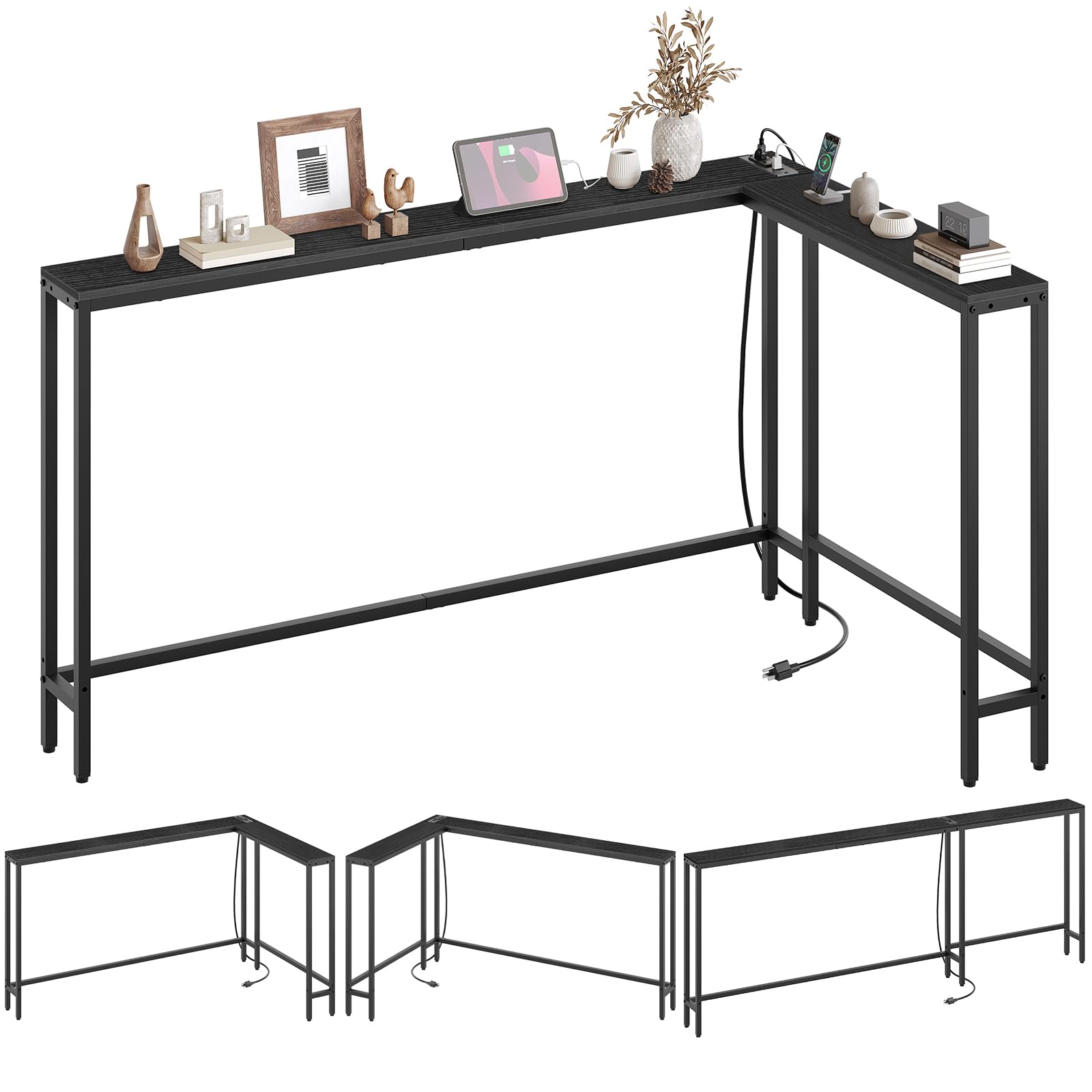 YATINEY Narrow Console Table with Outlets, 78.7" Sofa Table Narrow Long, L Shaped Behind Couch Entryway Table with Charging Station, for Living Room,