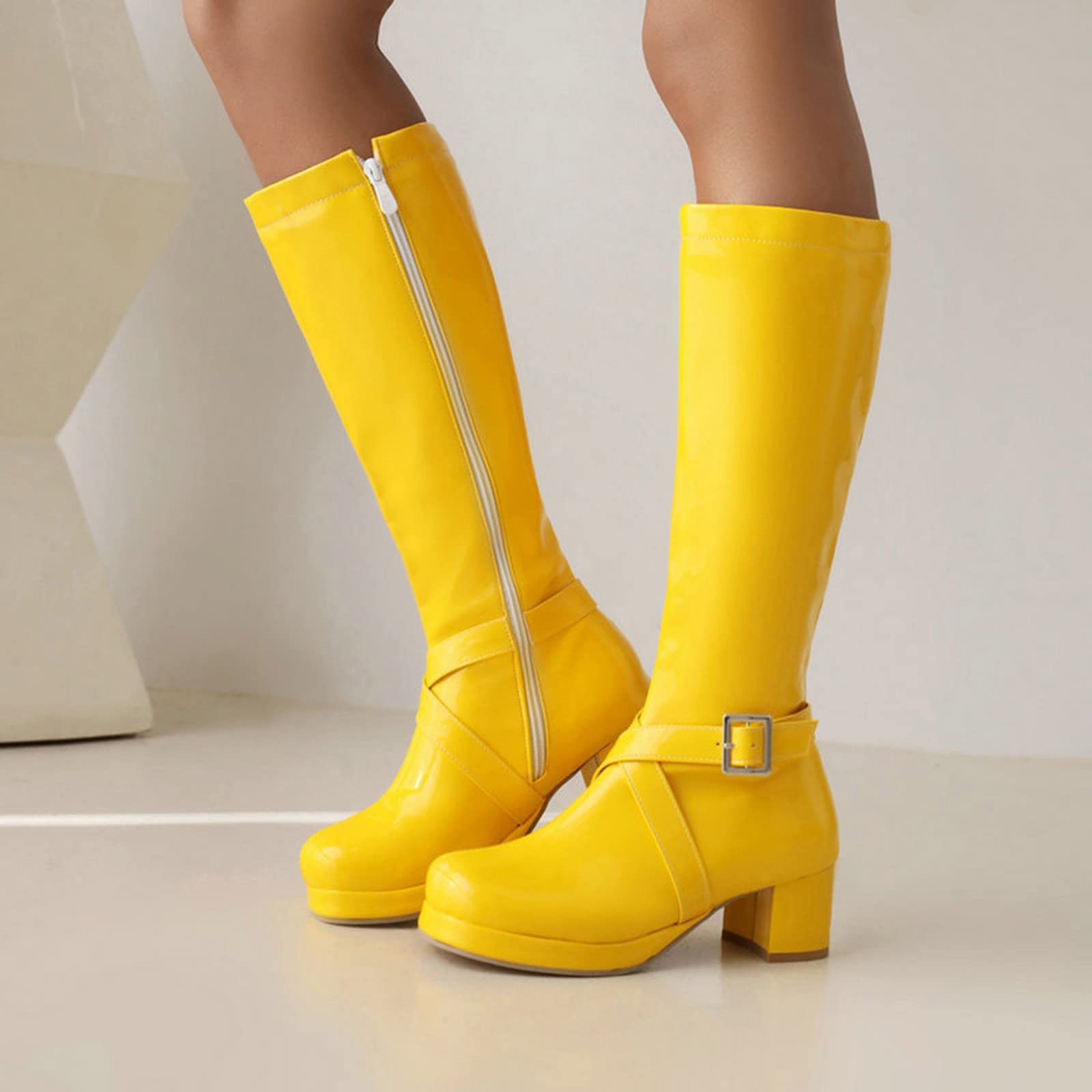 Botas de pantorrilla media para mujer e invierno Hebilla de color sólido de moda Cremallera lateral Cómodo tacón grueso Zapatos de tacón cuadrado Zapatillas de deporte para mujer, amarillo, 40 EU