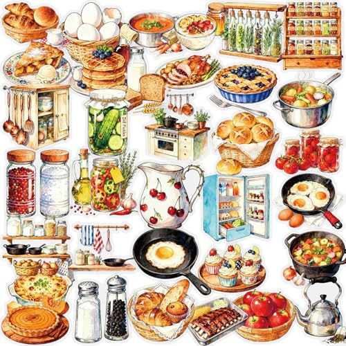 56 pcs Kitchen Food Cooking Clear PET Stickers Vintage Bakery Bread Fruit Vegetable Transparent Die-Cut Decals Waterproof Aesthetic Stickers for Journal Planner Scrapbook Recipe Book DIY Decor