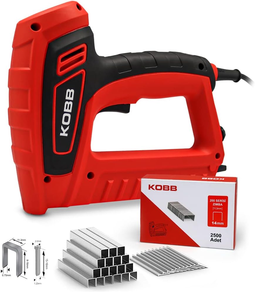 KOBB KBZ200 8-16mm Zımba ve 15-16mm Profesyonel Çivi Çakma Makinesi + 3000 adet Yedek Zımba ve Çivi, Kırmızı/Siyah