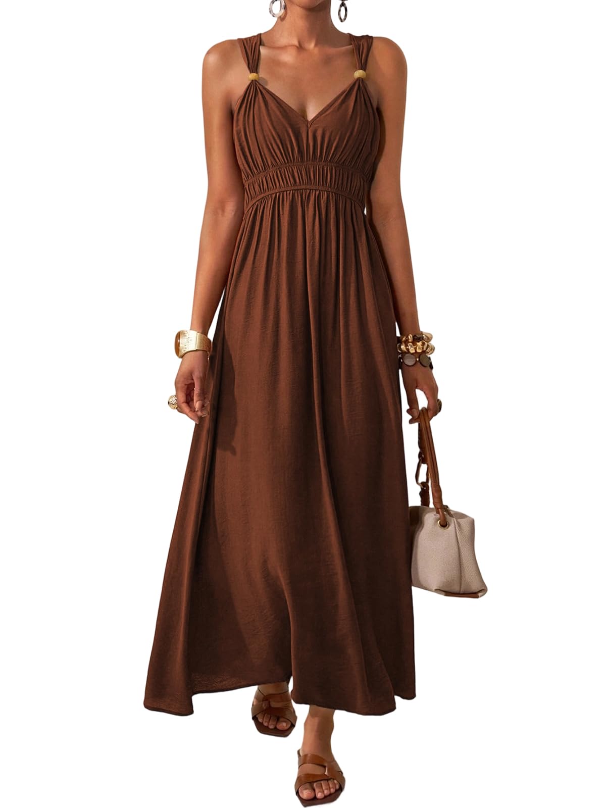 LIAMERHE Damen Maxikleid Elegant V-Ausschnitt Boho A-Linie Taille Haute