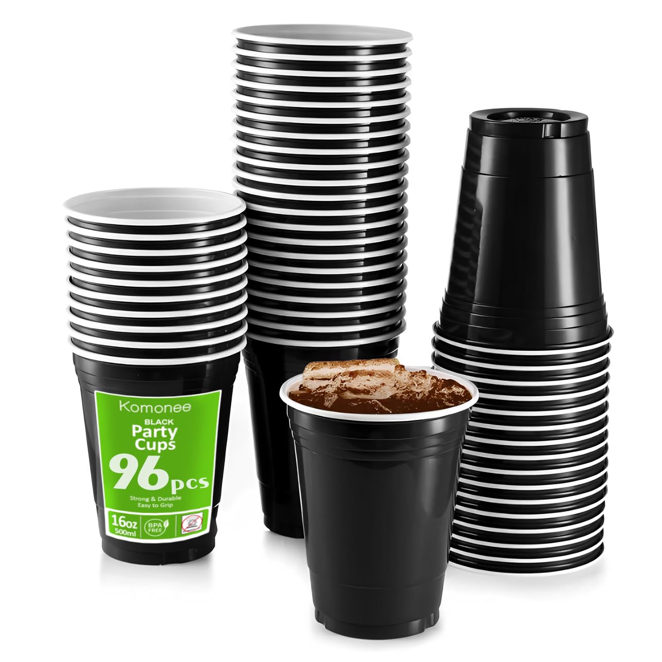Komonee Black Cups 16oz 500ml Wide Rimmed Disposable American Superbowl Party Cups USA Adult Novelty Plastic Glass 96pc