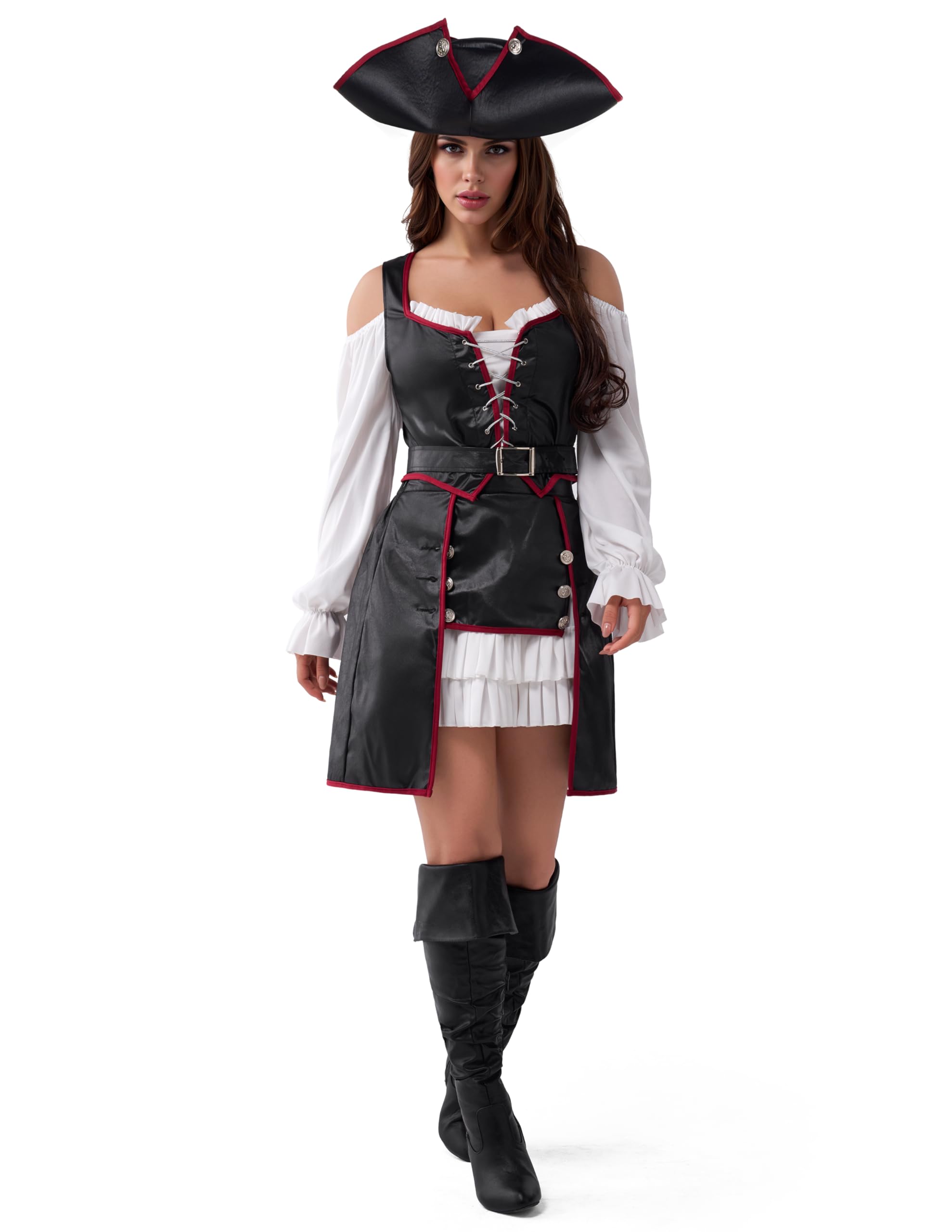 Spooktacular Creations Déguisement de pirate d'Halloween pour femme, tenue de pirate Renaissance avec chapeau et ceinture pour soirées cosplay à thème