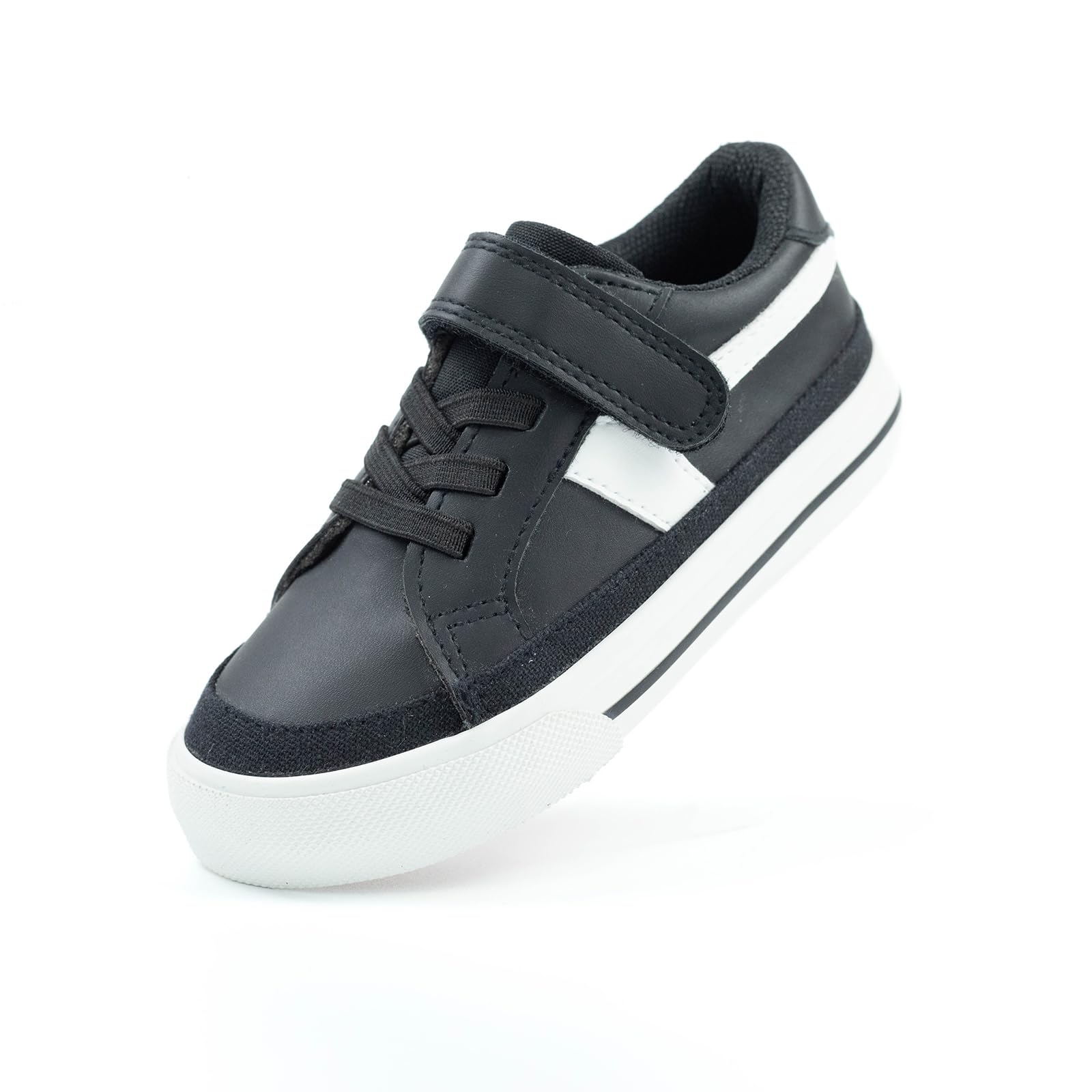 waddle wonder Toddler Shoes for Boys & Girls Hook and Loop Casual Lightweight Non-Slip Classic Leather Black Outdoor Tennis Walking Sneakers