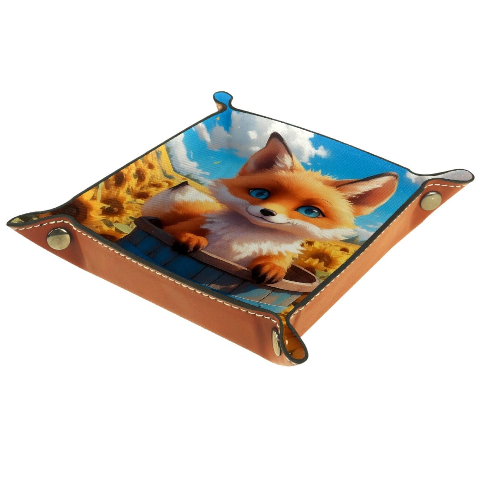 VAPOKF Fox Sunflower Portable Dice Rolling Tray, Microfiber Leather Dice Holder Game Box for D&D, RPG, Table Games or Desktop Phone Key Storage, 20.5 × 20.5 cm
